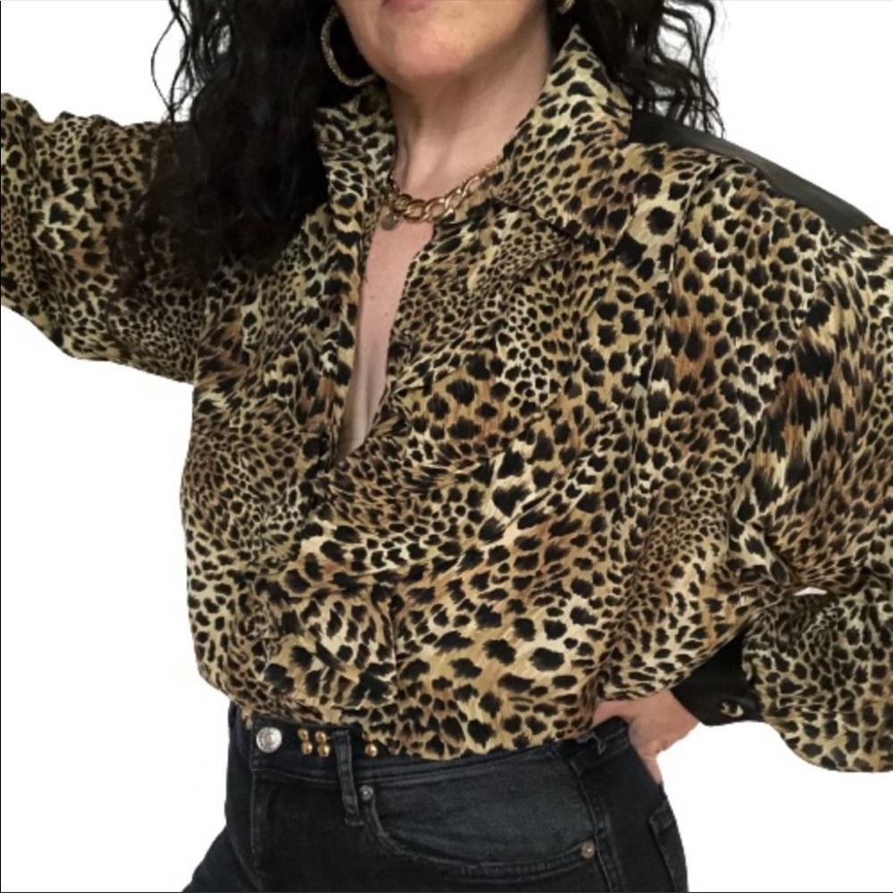 NWT 100% Silk + Leather Leopard Ruffled Vtg Top - Picture 3 of 14